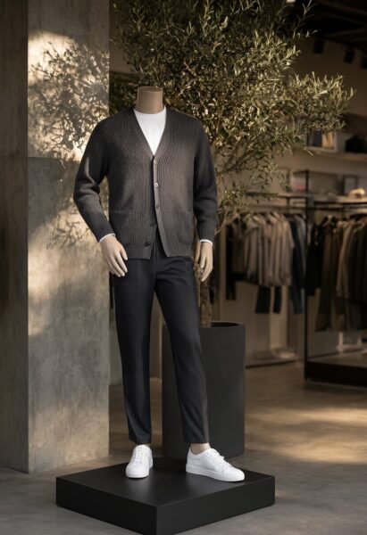 Minimalist Mannequin In Soft Gray Ensemble Mannequin wearing gray cardigan, dark pants, and white sneakers on black pedestal near olive tree in modern store.