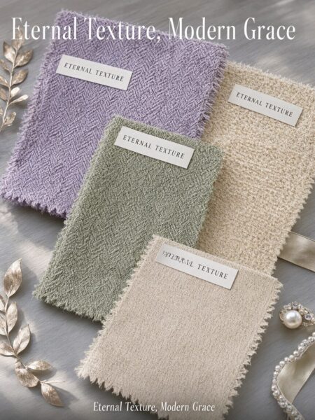Soft Textured Fabric Swatches Display Four soft textured fabric swatches in lavender, sage green, beige, and cream displayed on gray surface with decorative gold leaves and pearls.