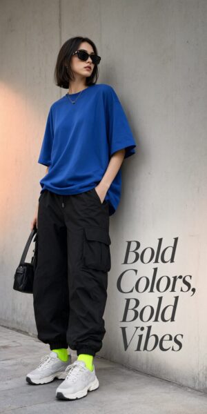Urban Street Style Ensemble A woman in urban street style wears a blue oversized tee, black cargo pants, neon socks, and white sneakers against a concrete wall.