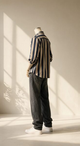 Sunlit Mannequin In Olive Stripes Mannequin in navy and beige striped shirt, dark jeans, white sneakers, standing in sunlit room with window shadows.
