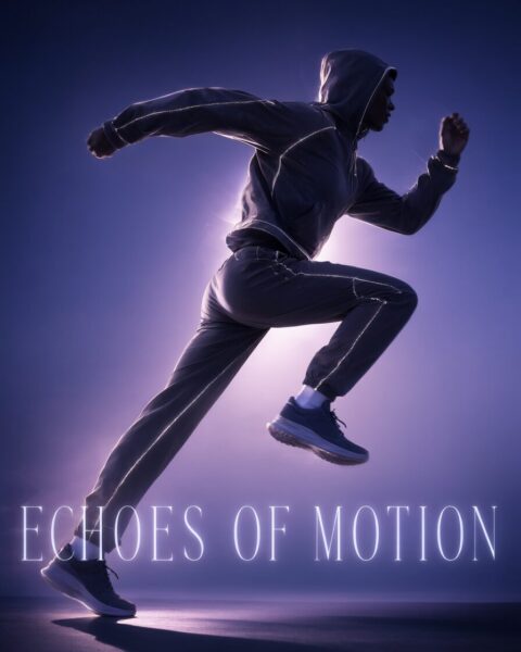 Radiant Runner In Midnight Glow A runner in dark athletic wear leaps against a glowing purple backdrop, with the text 'echoes of motion' at the bottom.