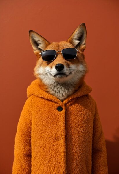 Sunny Fox In Citrine Coat A fox wearing a citrine fluffy coat and sunglasses against an orange background.