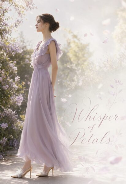 Emerald Bloom Elegance A woman in a flowing lavender gown stands amidst blooming trees with falling petals, wearing feathered heels under soft sunlight.