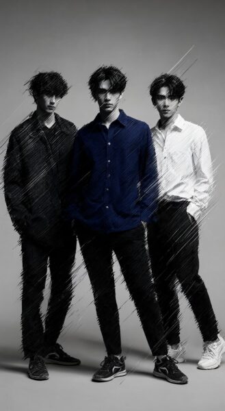 Three Figures In Digital Glitch Three men in casual attire with digital glitch overlay, standing against a gray background.