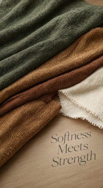 Textured Fabric Swatches Display Stacked textured fabric swatches in olive green, brown, and cream on wood, with text 'softness meets strength'.