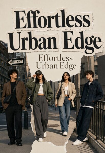 Urban Minimalist Streetwear Collage Four models in minimalist streetwear walk through an urban cityscape under warm sunlight, wearing jackets, jeans, and sneakers.
