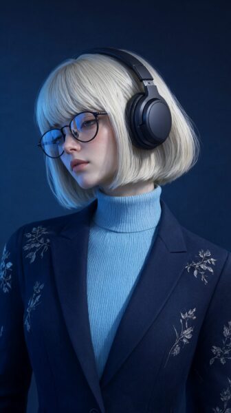 Blue-Hued Listener In Floral Blazer A young woman with blonde bob hair wears glasses and black headphones while dressed in a blue turtleneck under a dark blazer with silver floral embroidery.