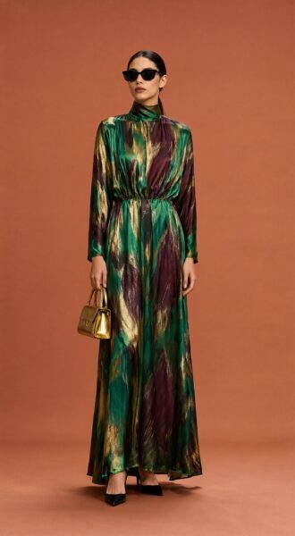 Elegant Abstract Print Maxi Dress A woman in an elegant abstract print maxi dress with green, purple, and gold tones stands against a warm terracotta backdrop holding a small gold handbag.