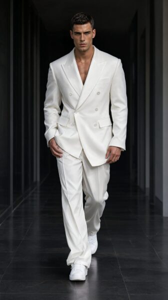 Confident White Suit Stride Confident man in crisp white double-breasted suit strides down sleek black corridor wearing white sneakers.
