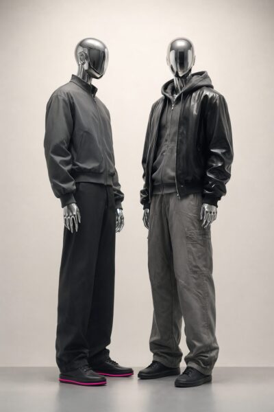 Futuristic Mannequins In Monochrome Ensemble Two chrome mannequins display monochrome streetwear against a neutral studio background.