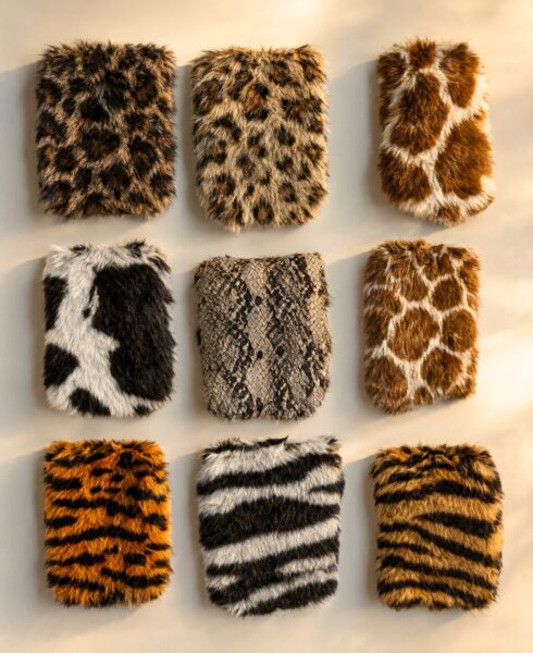 Wild Print Faux Fur Collection Nine rectangular faux fur pieces in leopard, zebra, giraffe, cow, snake, crocodile, and tiger prints arranged neatly on beige background.
