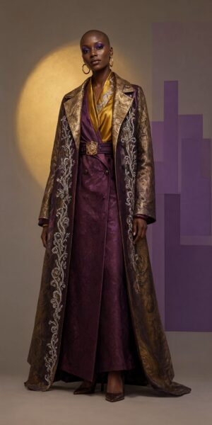 Regal Purple And Gold Ensemble A poised model wears an ornate long coat over a draped gown in rich purple and gold tones against a softly lit abstract backdrop.