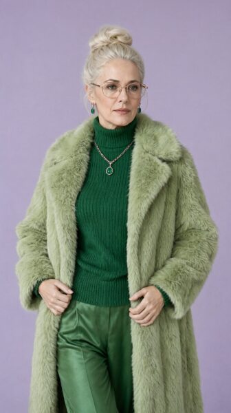 Emerald Muse In Velvet Covert A woman with blonde hair in a bun wears a light green fur coat over a dark green turtleneck against a lavender backdrop.