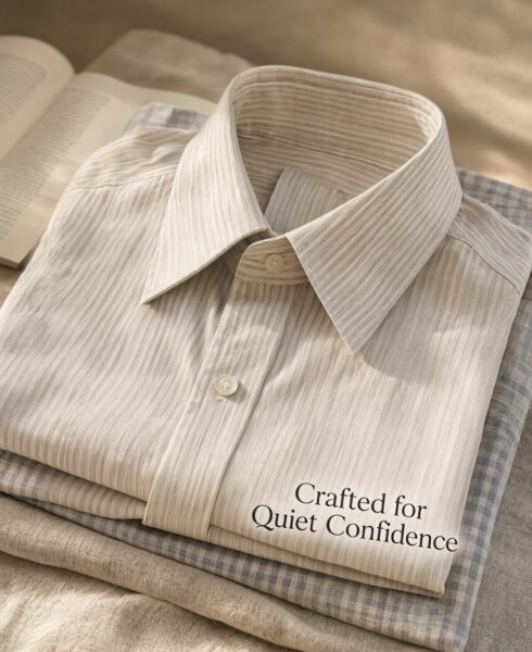 Sunlit Striped Shirt Resting Gracefully Sunlit beige striped shirt folded neatly atop other fabrics, bathed in warm natural light on a textured surface.