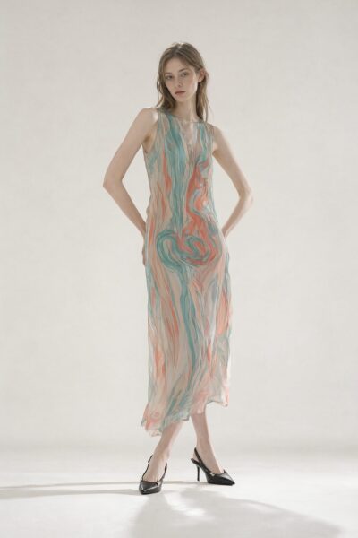 Abstract Fluid Dress In Soft Teal Model wears flowing abstract dress in soft teal and coral hues against neutral studio background.