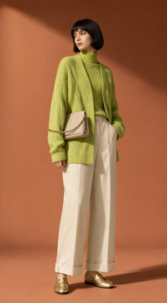 Soft Lime Ensemble With Gold Accents A woman in a lime green ribbed cardigan over turtleneck, cream wide-leg pants, and gold loafers, holding a beige chain purse against a terracotta backdrop.
