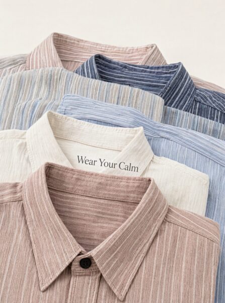 Neatly Folded Striped Shirts In Soft Palette Neatly folded striped shirts in muted tones arranged in a stack, featuring a calming slogan on one collar.