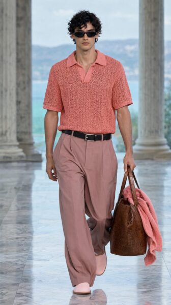 Pink Crochet Polo Walk A man walks in a pink crochet polo shirt and matching wide-leg pants, carrying a brown croc-textured tote with a draped pink towel.