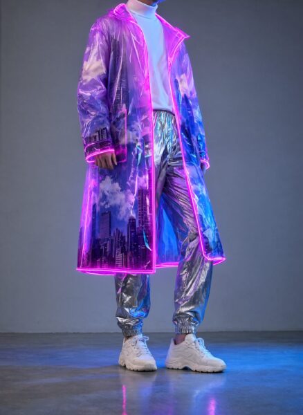 Neon Edge Urban Vision A person wears a glowing purple trench coat over metallic pants in a studio with reflective floor and neon ambiance.