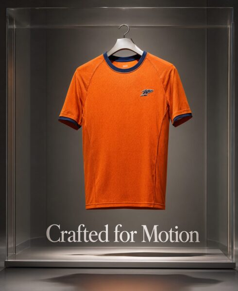 Suspended Orange Performance Tee An orange performance t-shirt suspended in a glass display case with the slogan 'crafted for motion'.