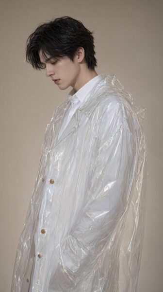 Transparent Raincoat Silhouette A young man in profile wearing a clear plastic raincoat over a white shirt against a soft beige studio backdrop.