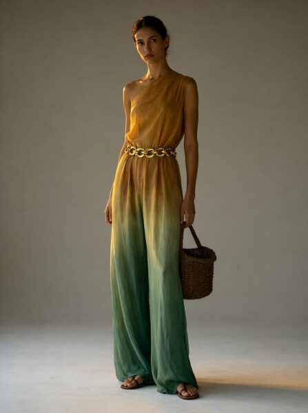 Gradient Sunset Jumpsuit With Gold Accent Model wears one-shoulder gradient jumpsuit fading from yellow to green, holding woven basket under warm studio light.