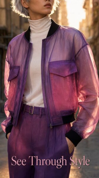 Transparent Red Jacket Over White Turtleneck Model wears a translucent purple bomber jacket over white turtleneck, standing in a sunlit urban alley.