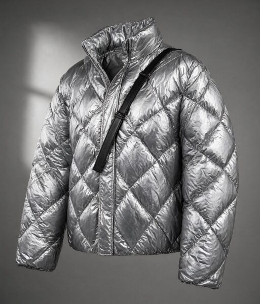 Reflective Silver Quilted Jacket A reflective silver quilted jacket with diamond stitching, shown from front angle against gray studio backdrop.