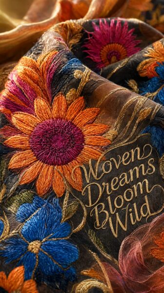Vibrant Embroidered Fabric Close-Up Close-up of vibrant embroidered floral fabric with sunflowers and blue blooms on dark background.