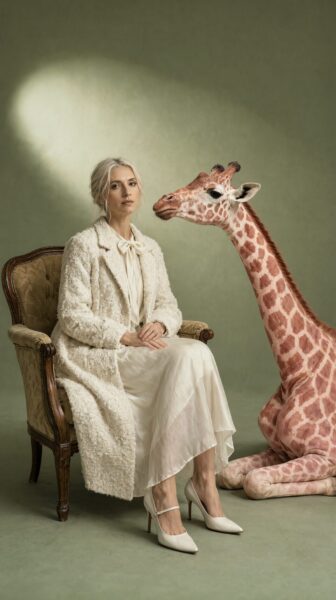 Serene Ivory Elegance With Giraffe Companion A woman in ivory textured coat and flowing skirt sits gracefully beside a seated giraffe in a softly lit studio.