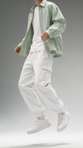 Floating Minimalist Urban Ensemble A person mid-jump wearing a pale mint green overshirt over a white tee, paired with white cargo pants and white sneakers against a soft gradient background.