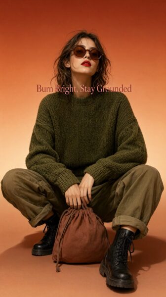 Bold Orange Against Olive Green A woman in olive green knit sweater and pants sits cross-legged holding a terracotta drawstring bag against a warm orange-to-peach gradient background.