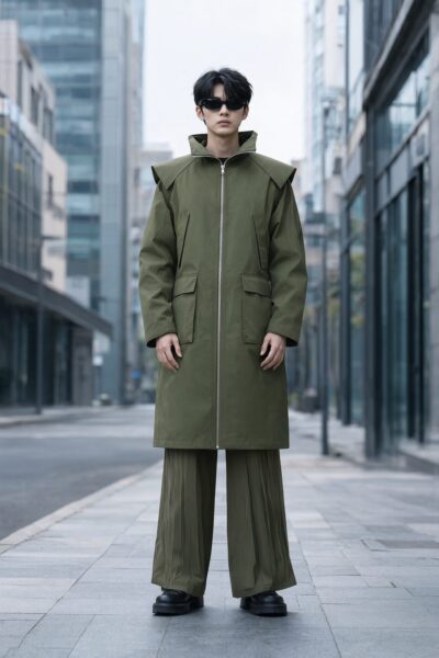 Urban Futurist In Olive Utility Coat A man wearing an olive utility coat with pleated pants stands on a city sidewalk under overcast skies.