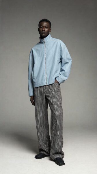Minimalist Urban Silhouette A man in a light blue zip-neck jacket and striped wide-leg pants stands against a soft gray studio backdrop.