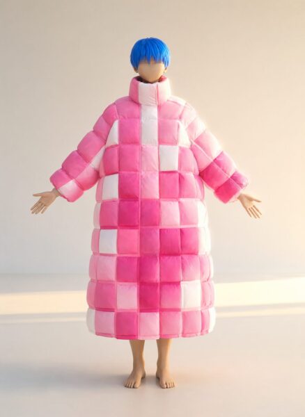 Pink Grid Puffer Humanoid A humanoid figure in a long pink-and-white checkered puffer coat stands barefoot in a softly lit studio space.