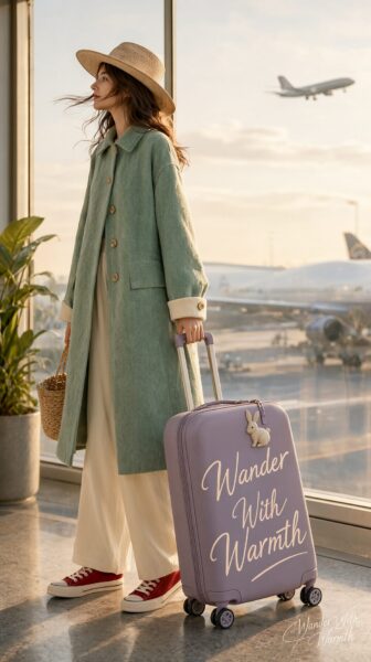 Traveler In Mint Coat By Window A woman in a mint coat and straw hat stands by an airport window, pulling a lavender suitcase with 'wander with warmth' written on it.