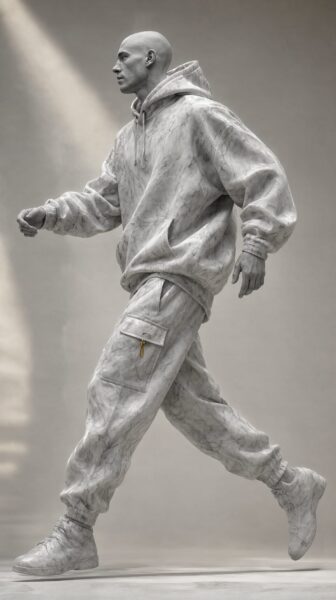 Marble Runner In Monochrome Motion A bald man runs dynamically in marble-patterned hoodie and joggers under soft studio light.