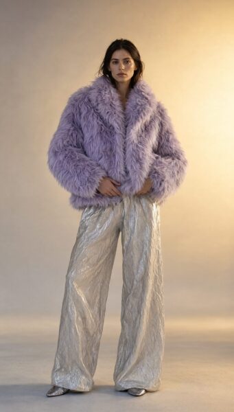 Frosted Mint Fur Jacket Look Model wears a fluffy lavender fur jacket and crinkled silver wide-leg pants against a warm beige backdrop.