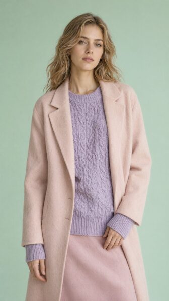 Soft Pastel Ensemble With Gentle Pose A woman wears a soft pink coat over a lavender cable-knit sweater and matching skirt against a mint green backdrop.