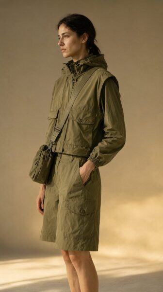 Modular Utility Wear System A woman in an olive green modular utility vest and shorts ensemble stands in warm studio light holding a matching crossbody bag.