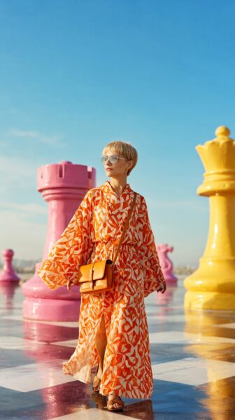Striding Through Surreal Chess Realm A woman in an orange patterned robe walks across a giant chessboard surrounded by oversized pink and yellow pieces under a clear blue sky.