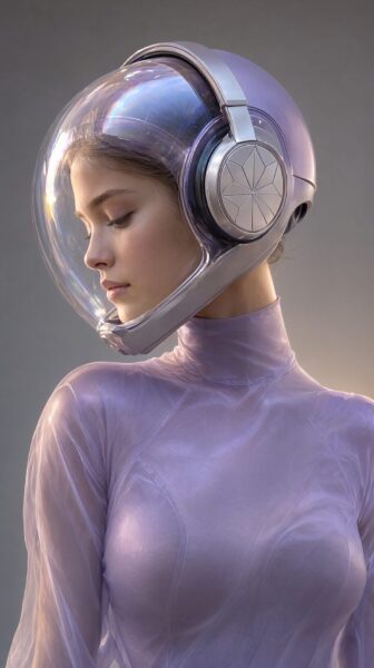 Futuristic Aura In Soft Lavender A woman in a translucent lavender bodysuit wears a sleek, bubble-helmeted headset under warm studio lighting.