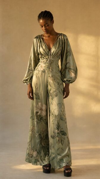 Elegant Green Floral Silk Jumpsuit A woman in an elegant green floral silk jumpsuit stands under warm golden light, wearing black platform sandals.