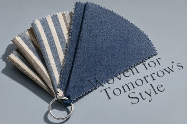 Textured Fabric Swatches Display Fan of textured blue and beige fabric swatches displayed against a cool gray background.