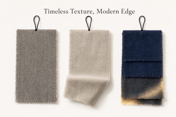 Three Fabric Swatches In Soft Light Three textured fabric swatches hang against a light background, showcasing neutral tones under soft lighting.