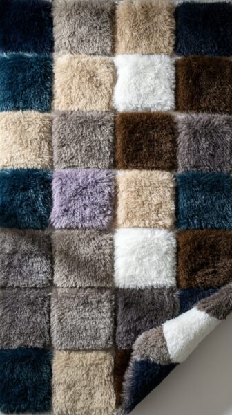Soft Plush Patchwork Blanket Soft plush patchwork blanket in shades of blue, brown, gray, and white, draped casually on a plain surface.