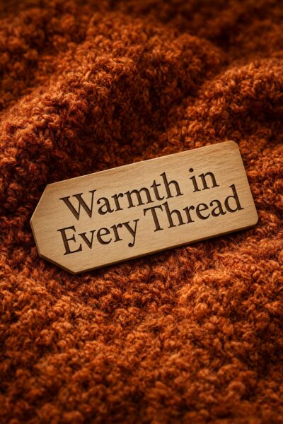 Burnt Orange Bouclé Texture Study A wooden tag reading 'warmth in every thread' rests on rich burnt orange bouclé fabric, highlighting cozy texture and warm tones.