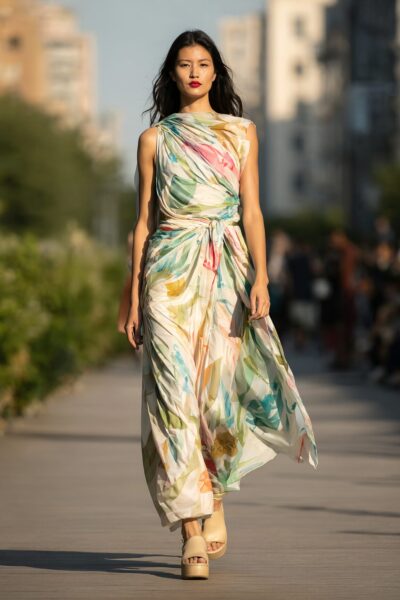 Colorful Abstract Draped Gown Walk A woman walks confidently in a colorful abstract draped gown on an outdoor runway during golden hour.