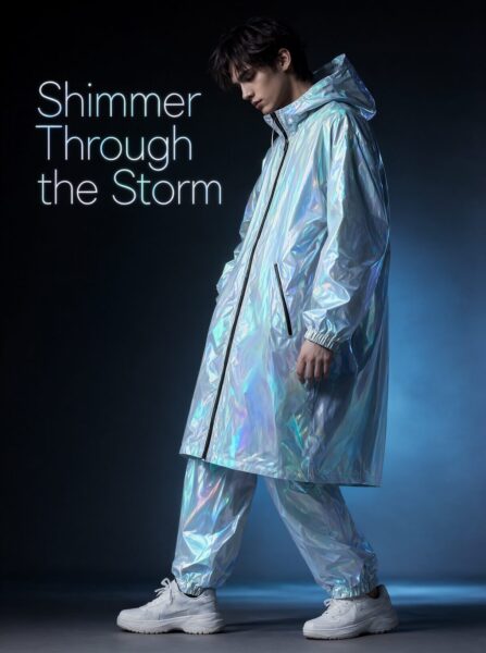Iridescent Raincoat Silhouette A male model wears an iridescent raincoat and matching pants under cool blue studio lighting.