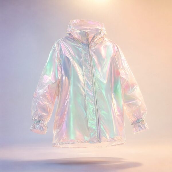 Iridescent Raincoat Floating In Soft Light A floating iridescent raincoat with hood and zipper, glowing with pastel rainbow hues under warm studio lighting.